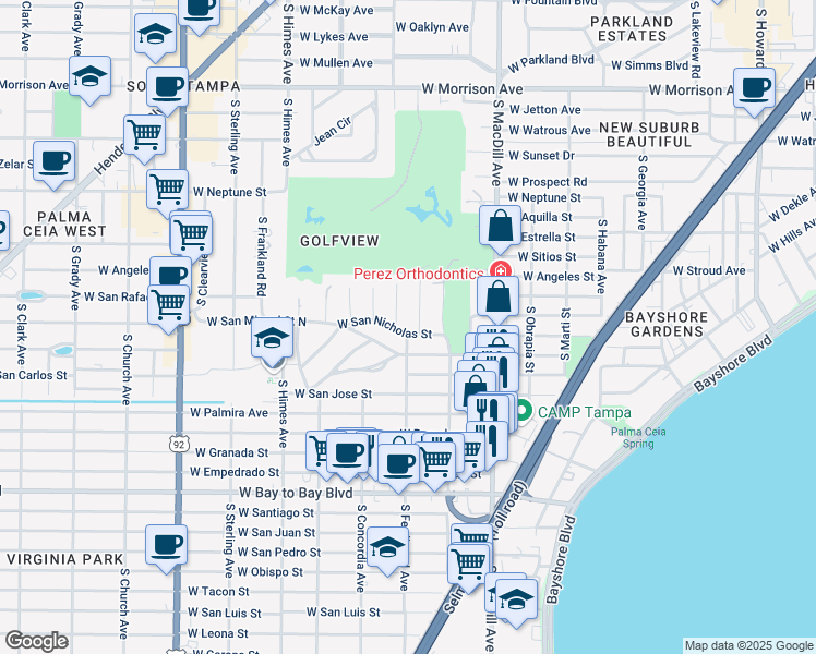 map of restaurants, bars, coffee shops, grocery stores, and more near 3219 West San Nicholas Street in Tampa