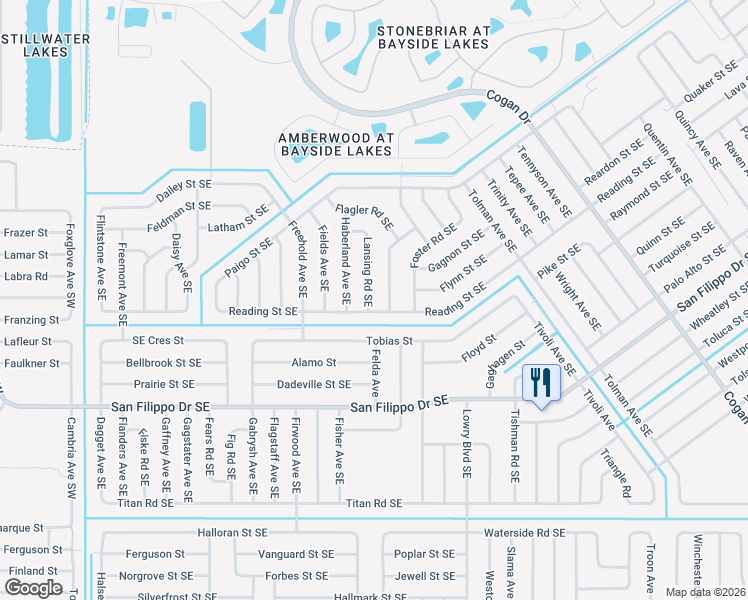 map of restaurants, bars, coffee shops, grocery stores, and more near 2785 Lansing Road Southeast in Palm Bay