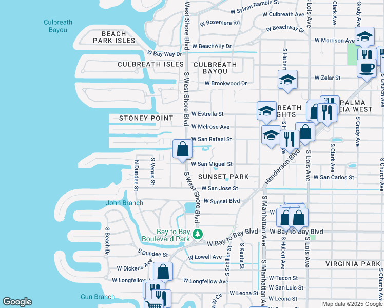 map of restaurants, bars, coffee shops, grocery stores, and more near 4706 West Heron Lane in Tampa