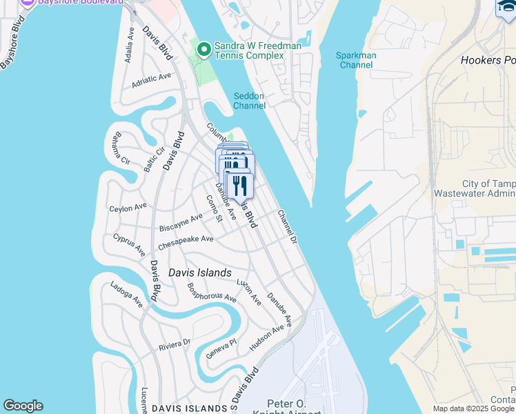 map of restaurants, bars, coffee shops, grocery stores, and more near 324 Columbia Drive in Tampa