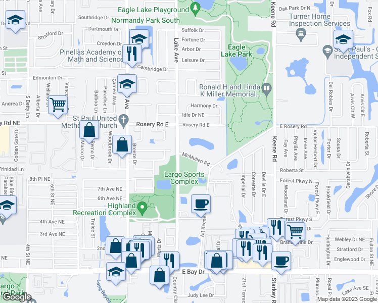 map of restaurants, bars, coffee shops, grocery stores, and more near 1633 McMullen Road in Largo