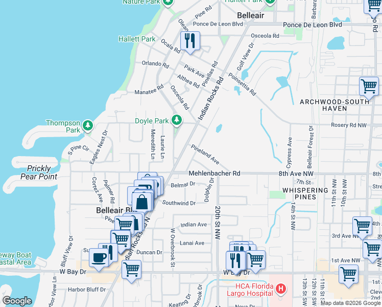 map of restaurants, bars, coffee shops, grocery stores, and more near 1732 Golf View Drive in Belleair