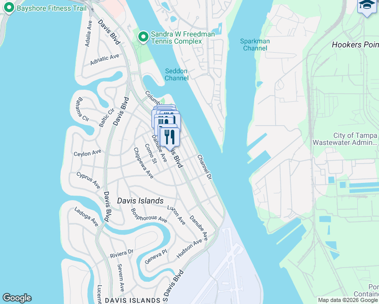 map of restaurants, bars, coffee shops, grocery stores, and more near 324 Columbia Drive in Tampa