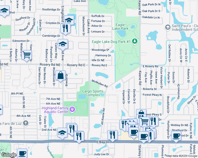 map of restaurants, bars, coffee shops, grocery stores, and more near 1691 South Lake Drive in Largo