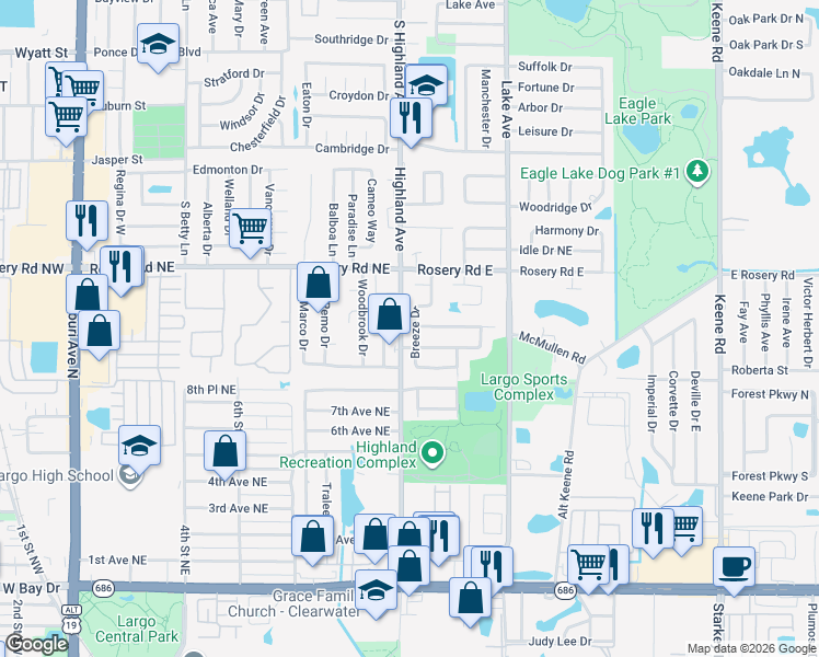 map of restaurants, bars, coffee shops, grocery stores, and more near 1113 Breeze Drive in Largo
