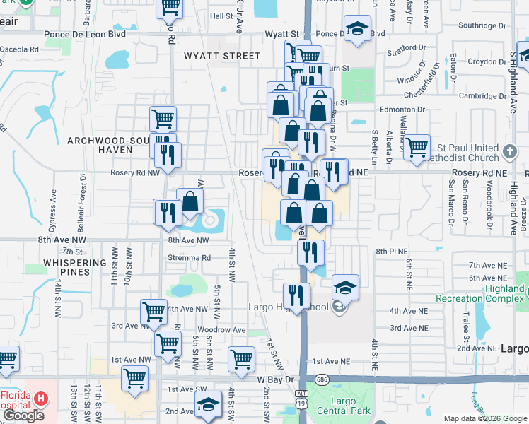 map of restaurants, bars, coffee shops, grocery stores, and more near 1111 Missouri Avenue North in Largo