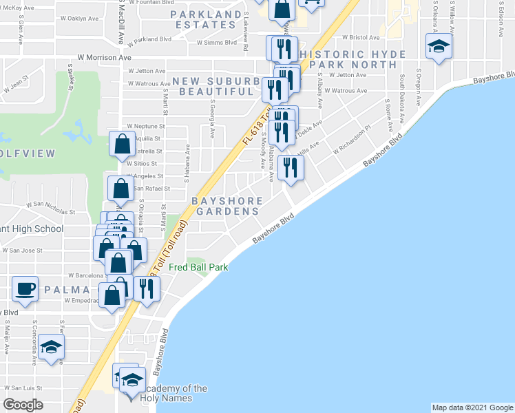 map of restaurants, bars, coffee shops, grocery stores, and more near 1517 South Bay Villa Place in Tampa