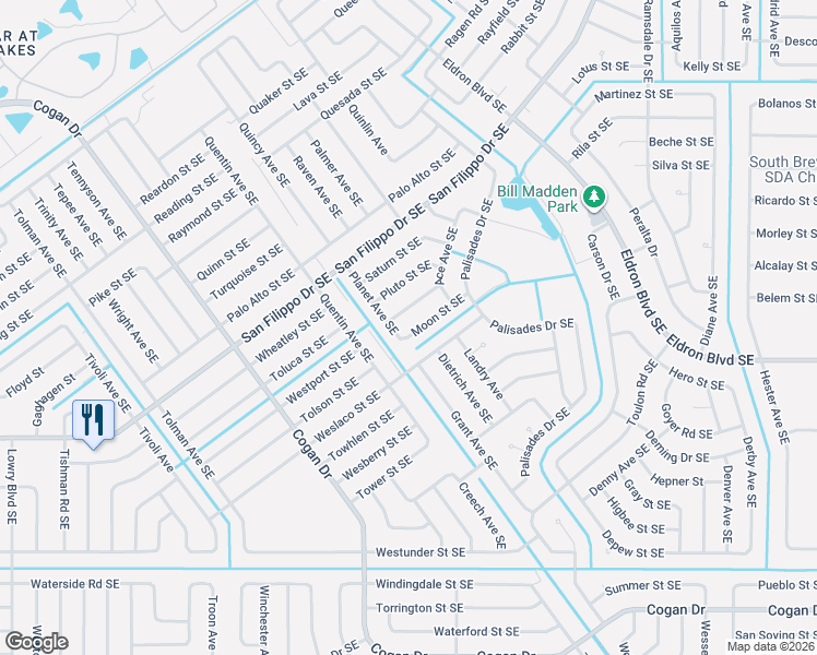 map of restaurants, bars, coffee shops, grocery stores, and more near 1119 Moon Street Southeast in Palm Bay