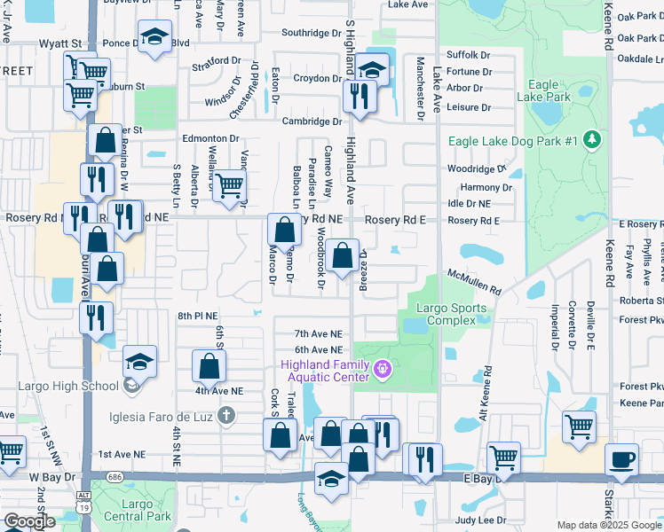 map of restaurants, bars, coffee shops, grocery stores, and more near 1120 Hillside Drive in Largo