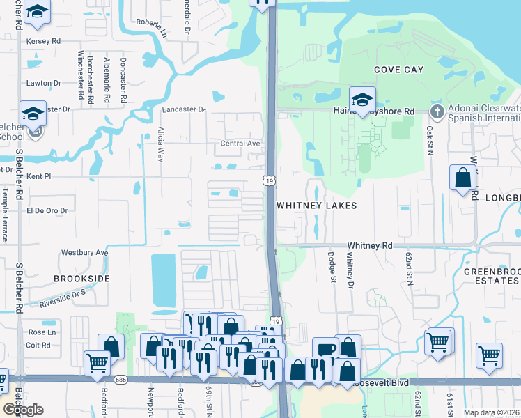 map of restaurants, bars, coffee shops, grocery stores, and more near 16940 US Highway 19 North in Clearwater
