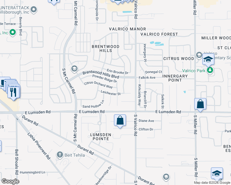 map of restaurants, bars, coffee shops, grocery stores, and more near 1922 Leichester Street in Valrico