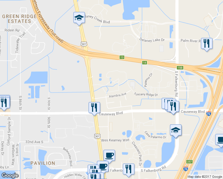 map of restaurants, bars, coffee shops, grocery stores, and more near 10209 Courtney Palms Boulevard in Tampa