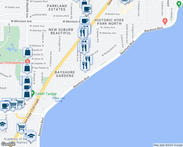 map of restaurants, bars, coffee shops, grocery stores, and more near in Tampa