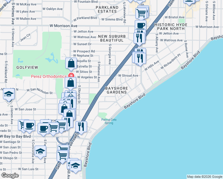 map of restaurants, bars, coffee shops, grocery stores, and more near 2514 West Kansas Avenue in Tampa