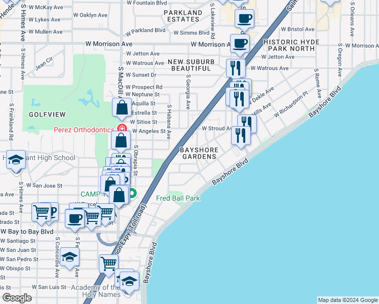 map of restaurants, bars, coffee shops, grocery stores, and more near 2514 West Kansas Avenue in Tampa