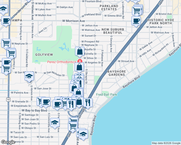 map of restaurants, bars, coffee shops, grocery stores, and more near 2903 West San Nicholas Street in Tampa