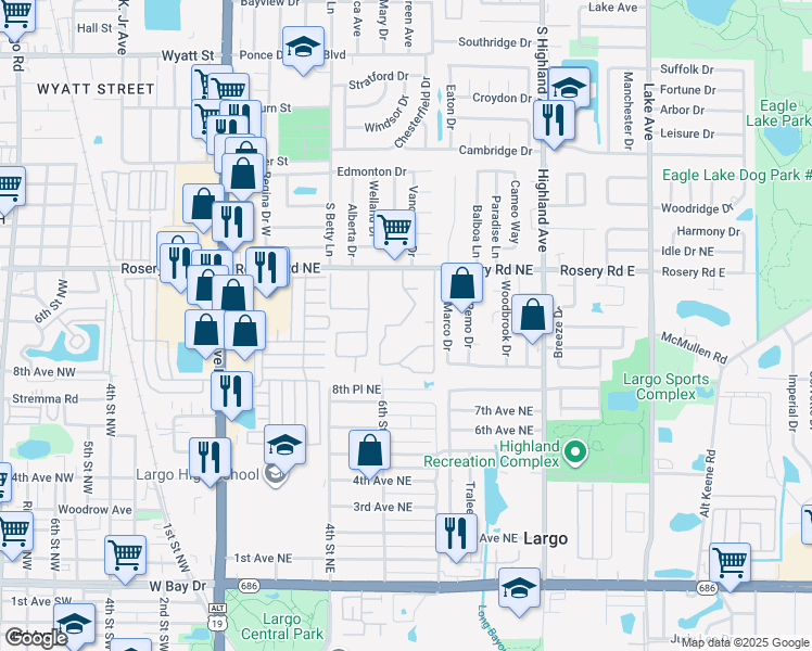 map of restaurants, bars, coffee shops, grocery stores, and more near 601 Rosery Road Northeast in Largo