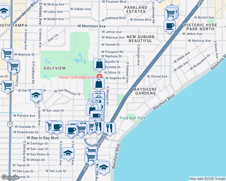 map of restaurants, bars, coffee shops, grocery stores, and more near 2903 West San Nicholas Street in Tampa