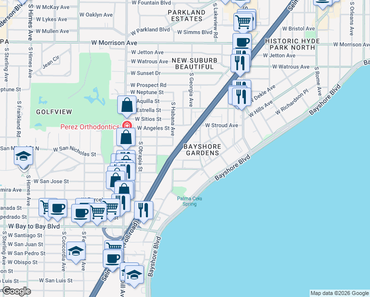map of restaurants, bars, coffee shops, grocery stores, and more near 2515 West Kansas Avenue in Tampa