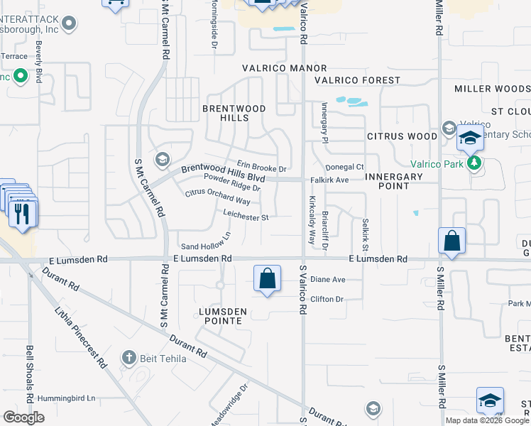 map of restaurants, bars, coffee shops, grocery stores, and more near 1922 Leichester Street in Valrico