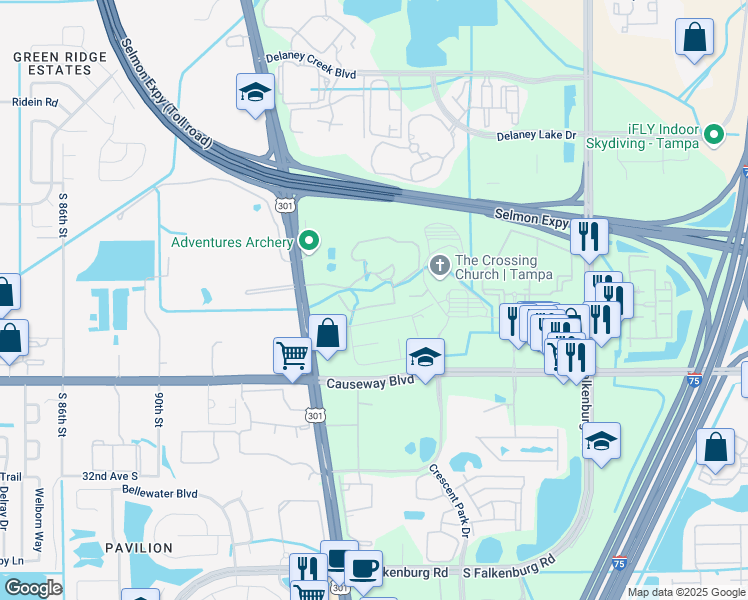 map of restaurants, bars, coffee shops, grocery stores, and more near 10211 Courtney Palms Boulevard in Tampa