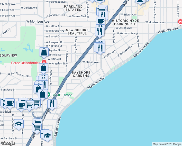 map of restaurants, bars, coffee shops, grocery stores, and more near 1513 South Bay Villa Place in Tampa