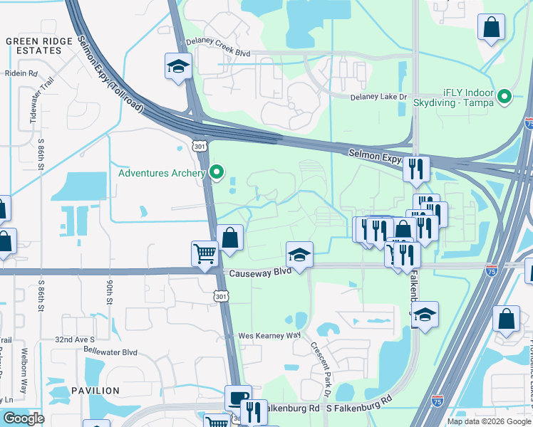 map of restaurants, bars, coffee shops, grocery stores, and more near 10209 Courtney Palms Boulevard in Tampa