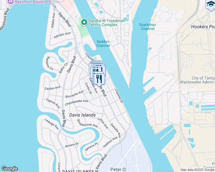 map of restaurants, bars, coffee shops, grocery stores, and more near 324 Columbia Drive in Tampa