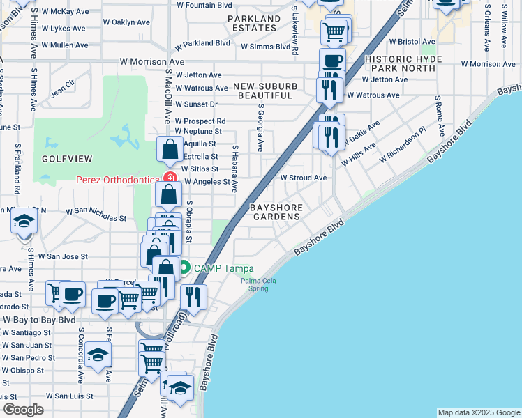 map of restaurants, bars, coffee shops, grocery stores, and more near 2514 West Kansas Avenue in Tampa