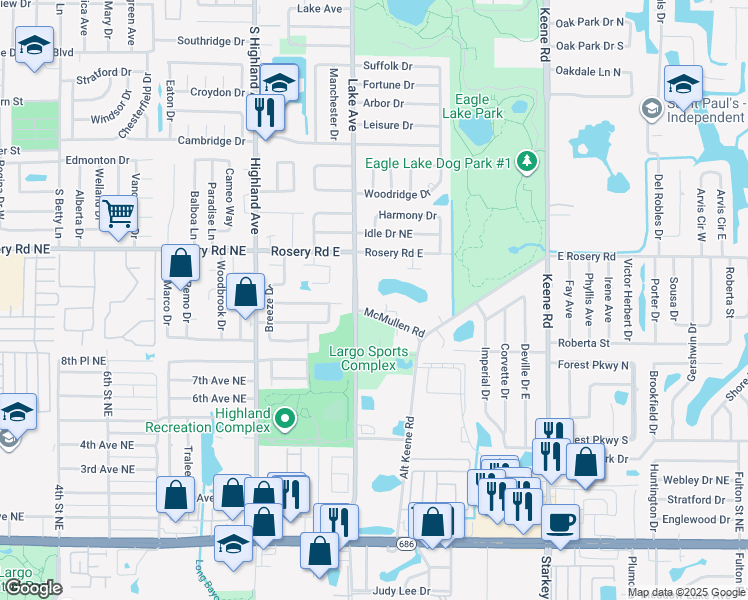 map of restaurants, bars, coffee shops, grocery stores, and more near 1633 McMullen Road in Largo