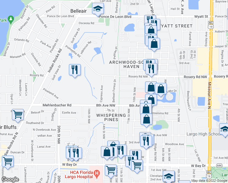 map of restaurants, bars, coffee shops, grocery stores, and more near 1721 Belleair Forest Drive in Belleair