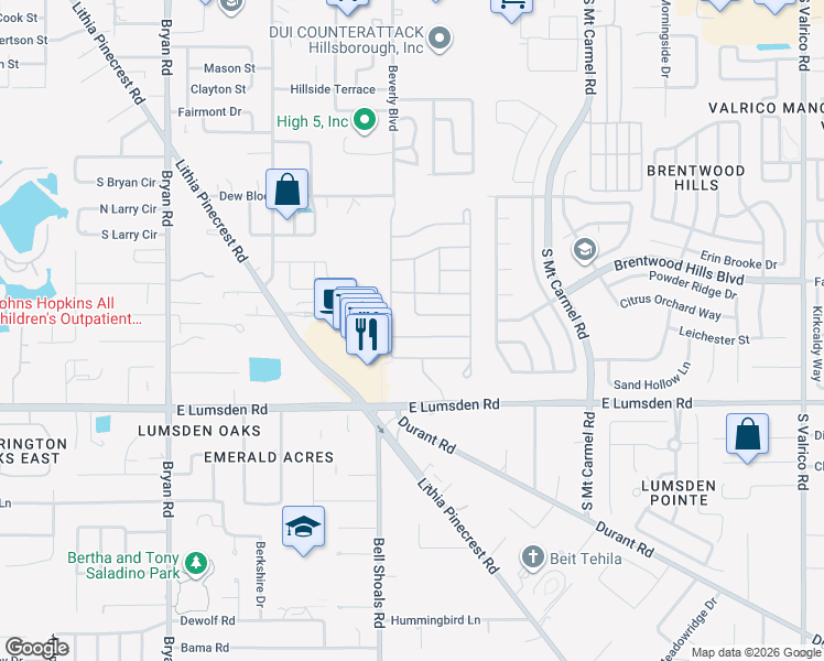 map of restaurants, bars, coffee shops, grocery stores, and more near 1012 Oliveto Verdi Court in Brandon
