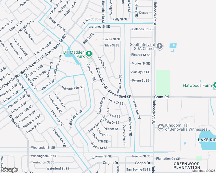 map of restaurants, bars, coffee shops, grocery stores, and more near 3081 Eldron Boulevard Southeast in Palm Bay