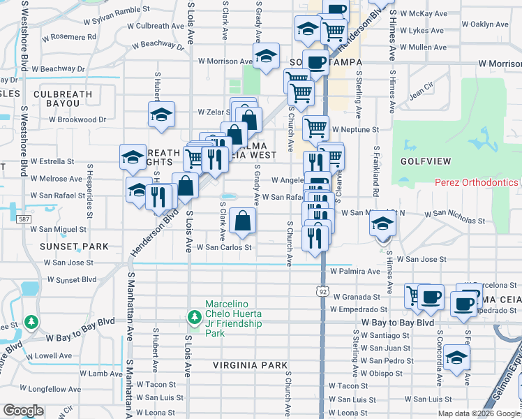 map of restaurants, bars, coffee shops, grocery stores, and more near 4006 West San Nicholas Street in Tampa
