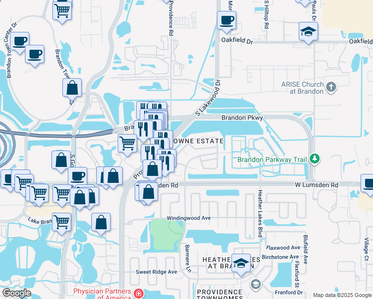 map of restaurants, bars, coffee shops, grocery stores, and more near 4125 Kensington Ridge Boulevard in Brandon