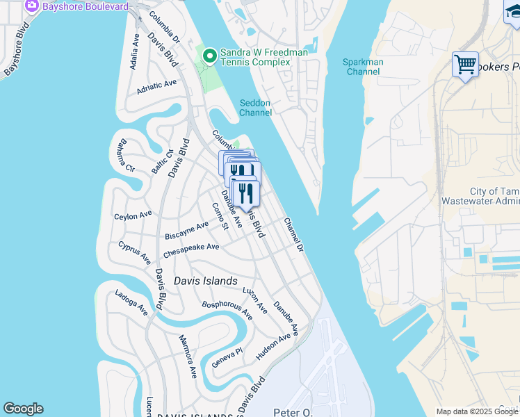 map of restaurants, bars, coffee shops, grocery stores, and more near 324 Columbia Drive in Tampa