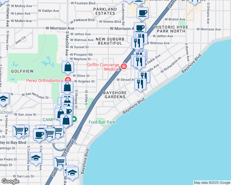 map of restaurants, bars, coffee shops, grocery stores, and more near in Tampa
