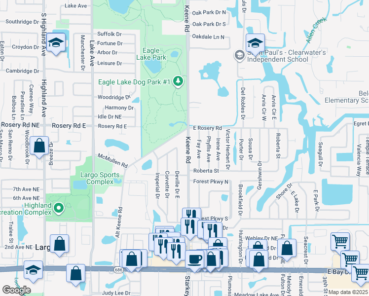 map of restaurants, bars, coffee shops, grocery stores, and more near 998 Keene Road in Largo