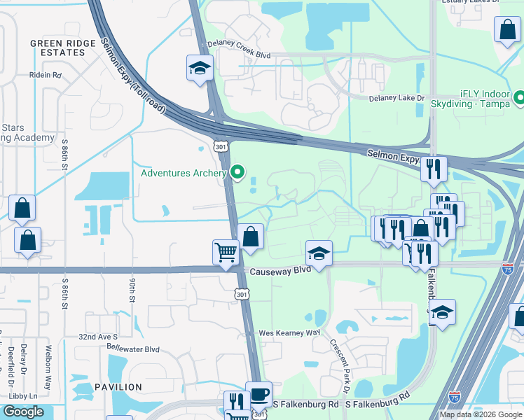 map of restaurants, bars, coffee shops, grocery stores, and more near 2406 Courtney Meadows Court in Tampa