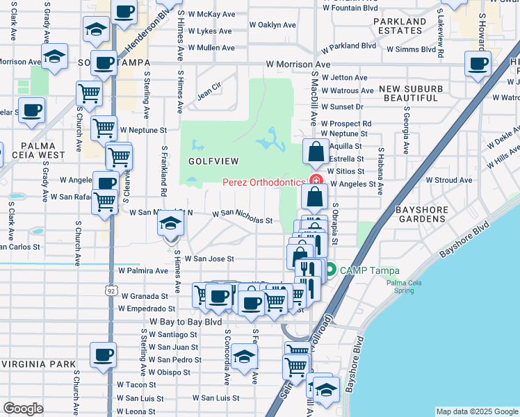 map of restaurants, bars, coffee shops, grocery stores, and more near 3219 West San Nicholas Street in Tampa