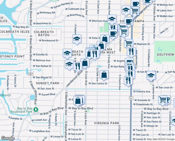 map of restaurants, bars, coffee shops, grocery stores, and more near 4118 West San Nicholas Street in Tampa