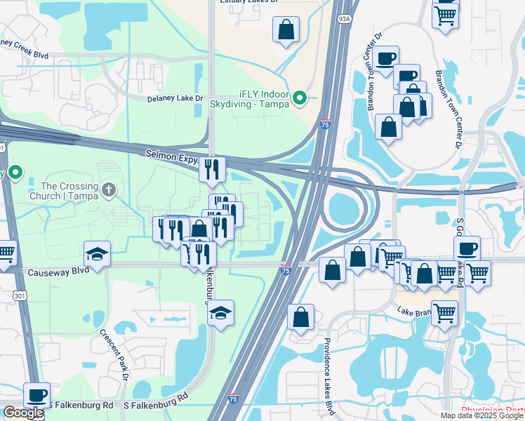 map of restaurants, bars, coffee shops, grocery stores, and more near 2511 Brown Noddy Lane in Tampa