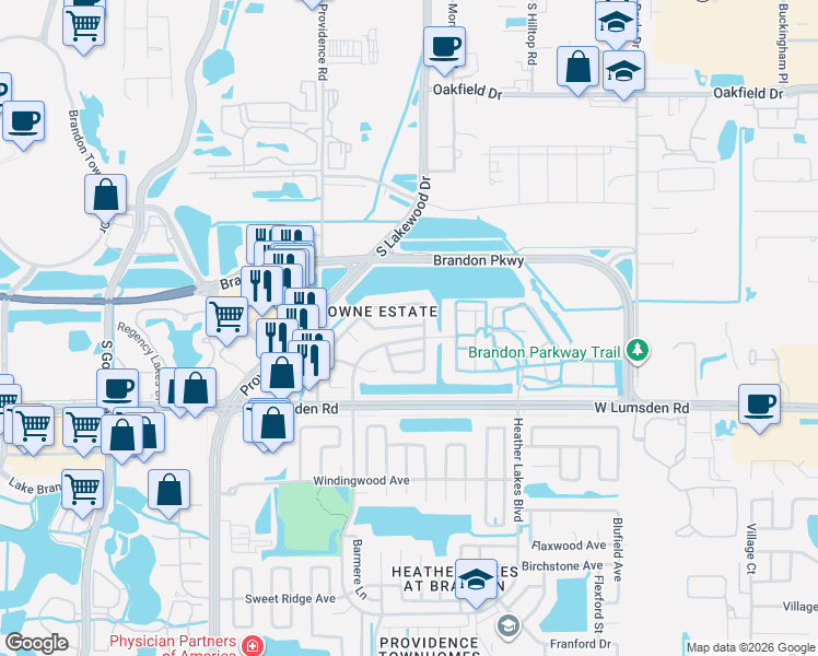 map of restaurants, bars, coffee shops, grocery stores, and more near 1705 Pastoral Way in Brandon