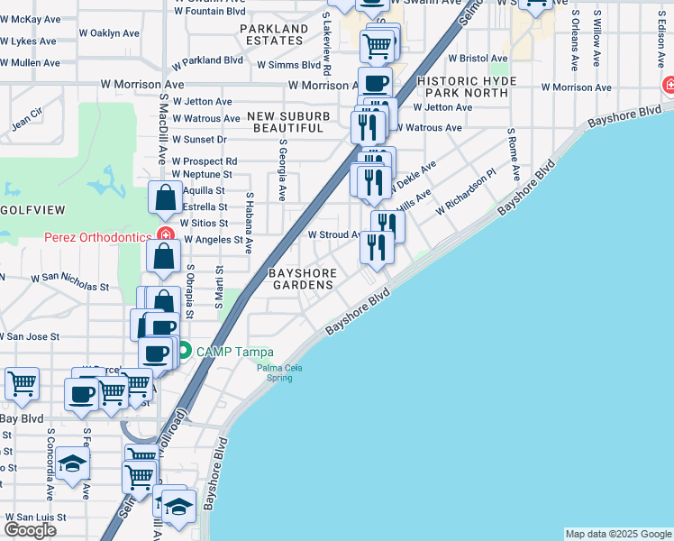 map of restaurants, bars, coffee shops, grocery stores, and more near 1509 South Bay Villa Place in Tampa