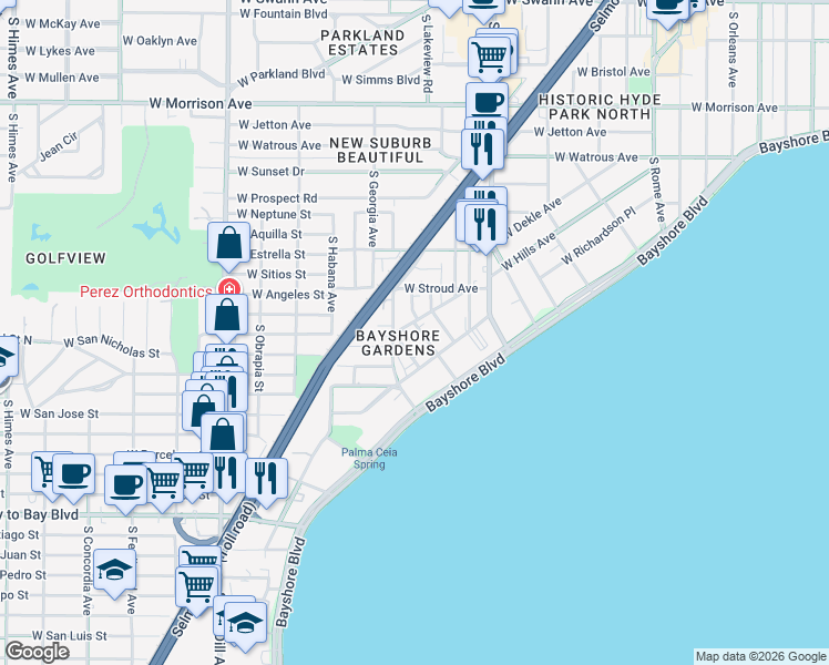 map of restaurants, bars, coffee shops, grocery stores, and more near 2303 South Ardson Place in Tampa