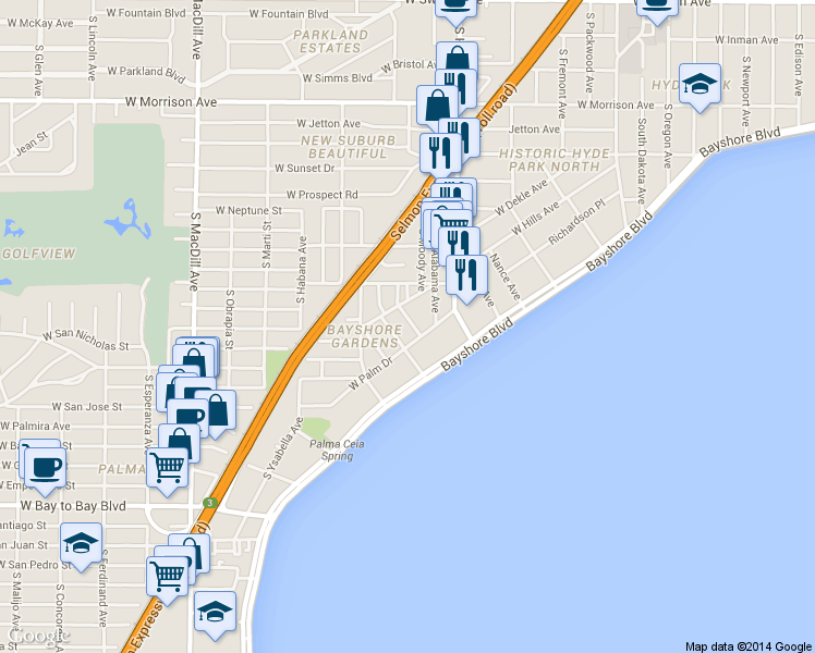 map of restaurants, bars, coffee shops, grocery stores, and more near 1517 South Bay Villa Place in Tampa