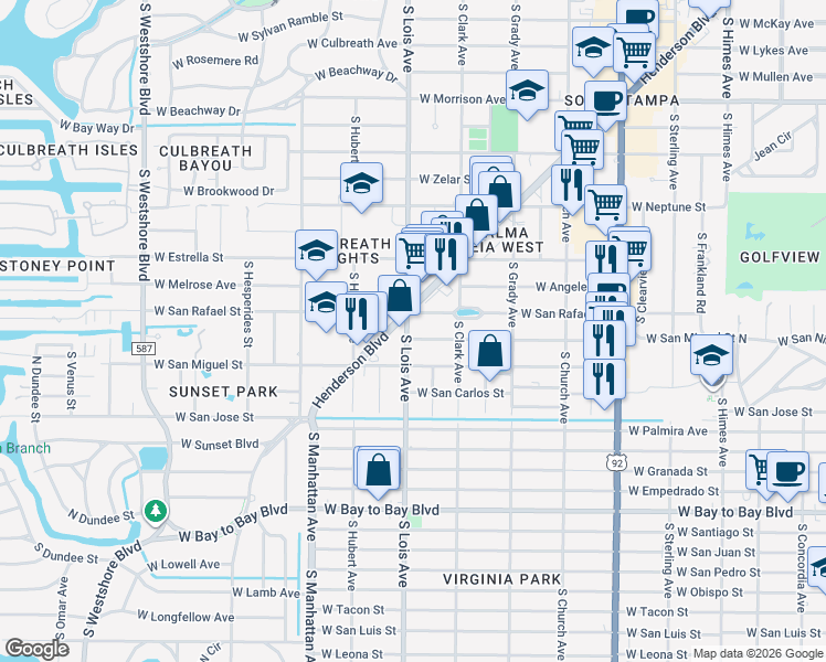 map of restaurants, bars, coffee shops, grocery stores, and more near 4118 West San Nicholas Street in Tampa