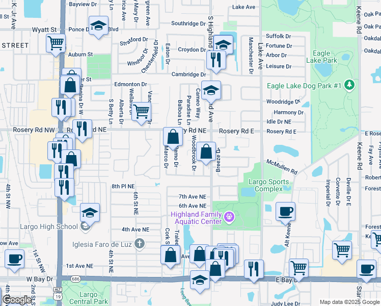 map of restaurants, bars, coffee shops, grocery stores, and more near 1120 Hillside Drive in Largo