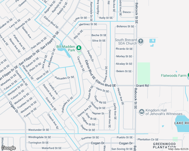 map of restaurants, bars, coffee shops, grocery stores, and more near 3081 Eldron Boulevard Southeast in Palm Bay