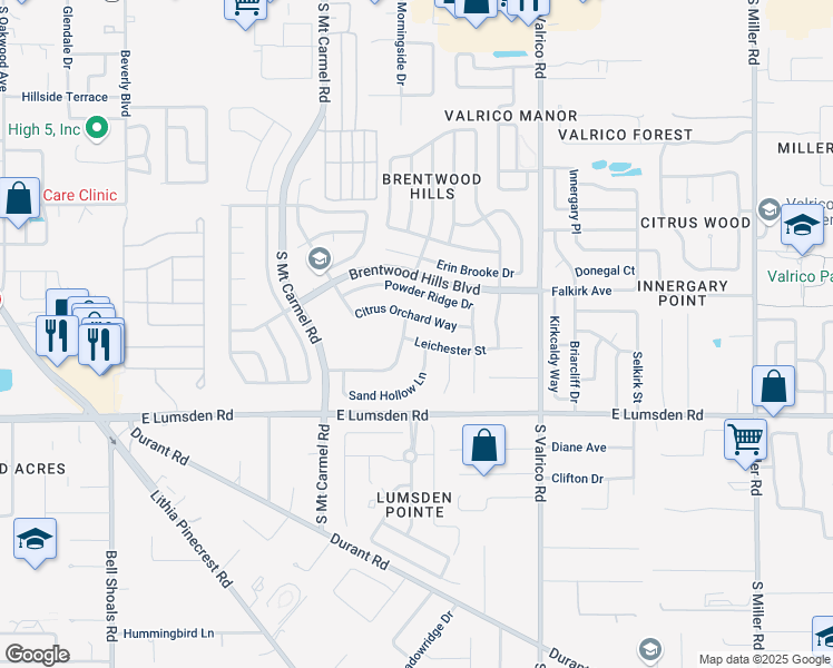 map of restaurants, bars, coffee shops, grocery stores, and more near 1647 Sand Hollow Lane in Valrico